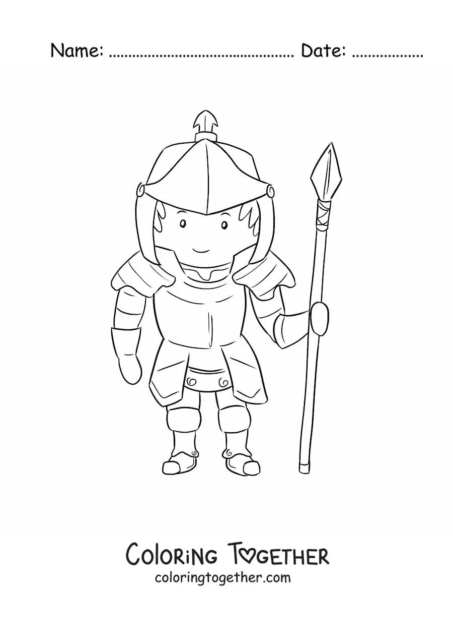 Coloring page of a cartoon knight with armor and a lance