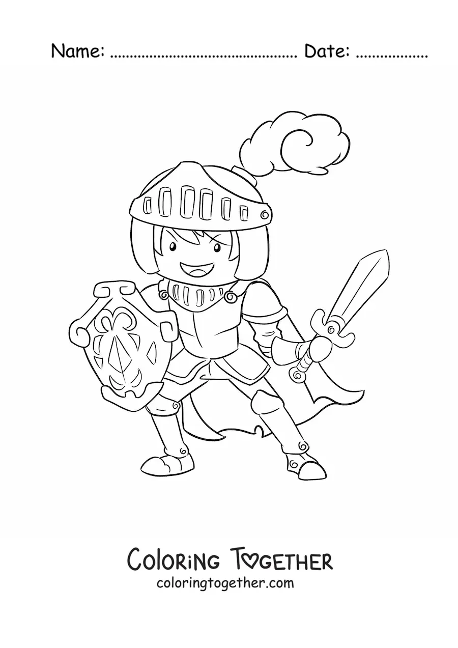 Coloring page of a cartoon knight with a sword and shield