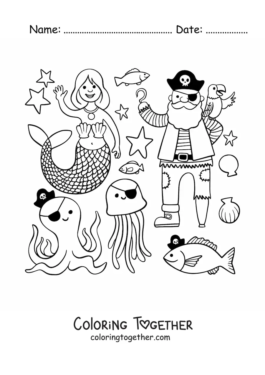 Coloring page of a cartoon pirate with a mermaid and animals