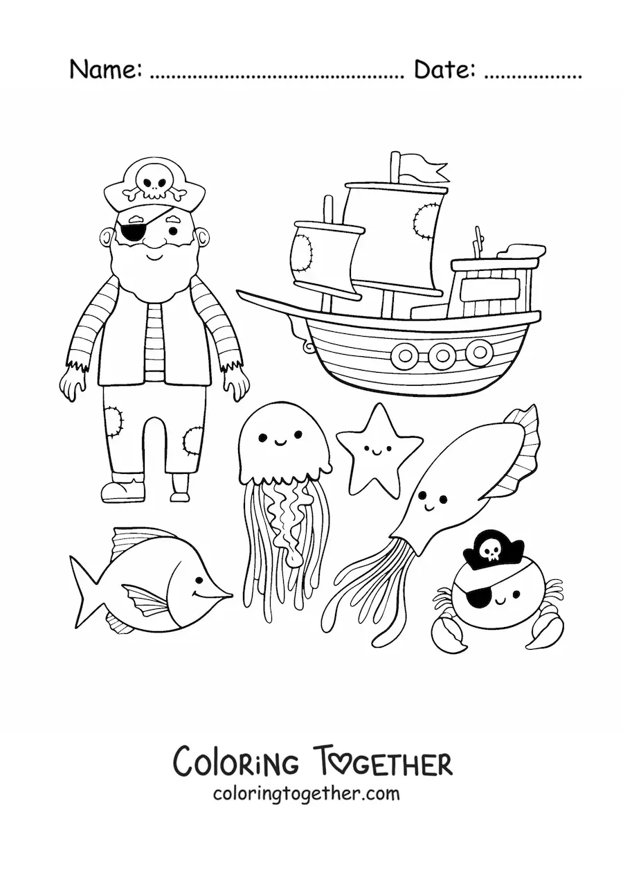 Coloring page of a cartoon pirate with a ship and animals