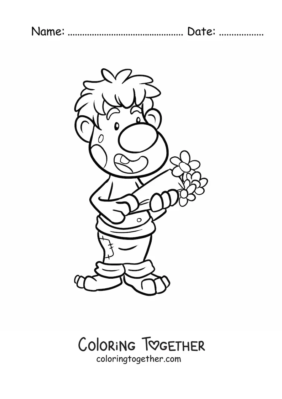 Coloring page of a cartoon troll in love with a bouquet of flowers