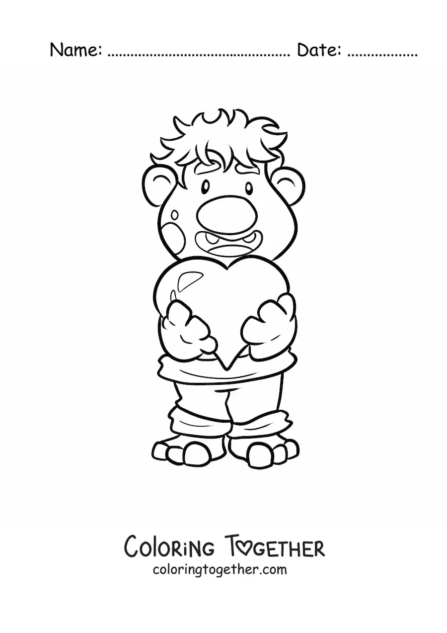 Coloring page of a cartoon troll giving away his heart