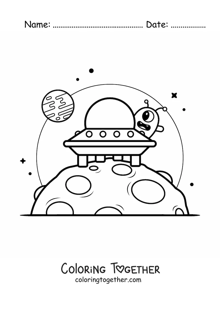 Coloring page of a cartoon alien in a spaceship on another planet