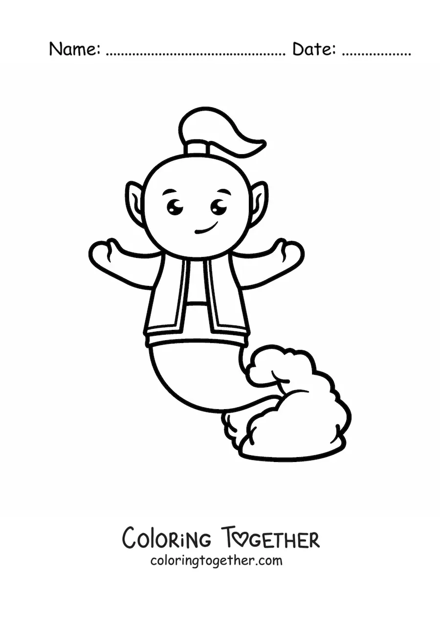 Coloring page of a cartoon genie