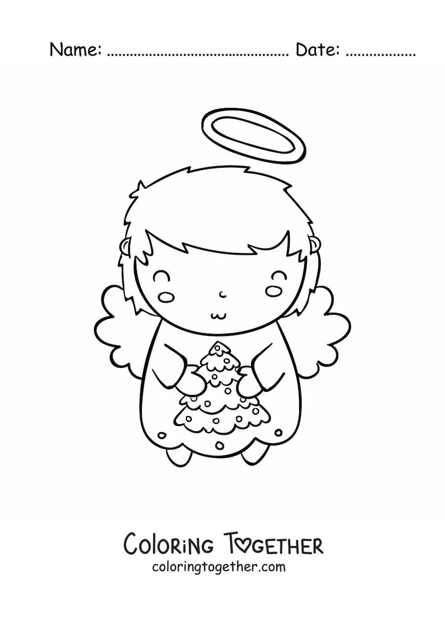 Coloring page of a cartoon Christmas angel with a little tree
