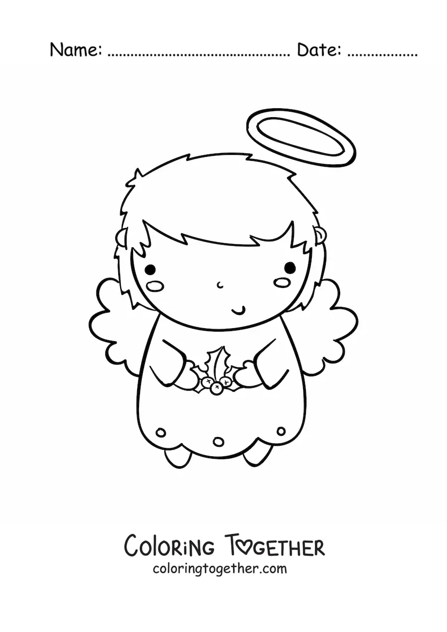 Coloring page of a cartoon Christmas angel with mistletoe
