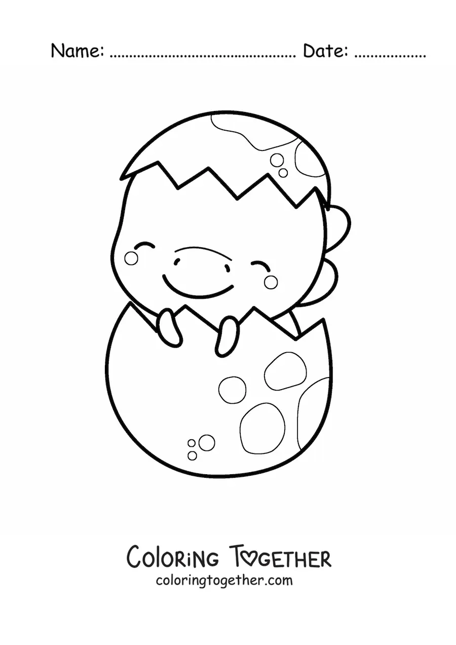 Coloring page of a kawaii baby dinosaur in its egg