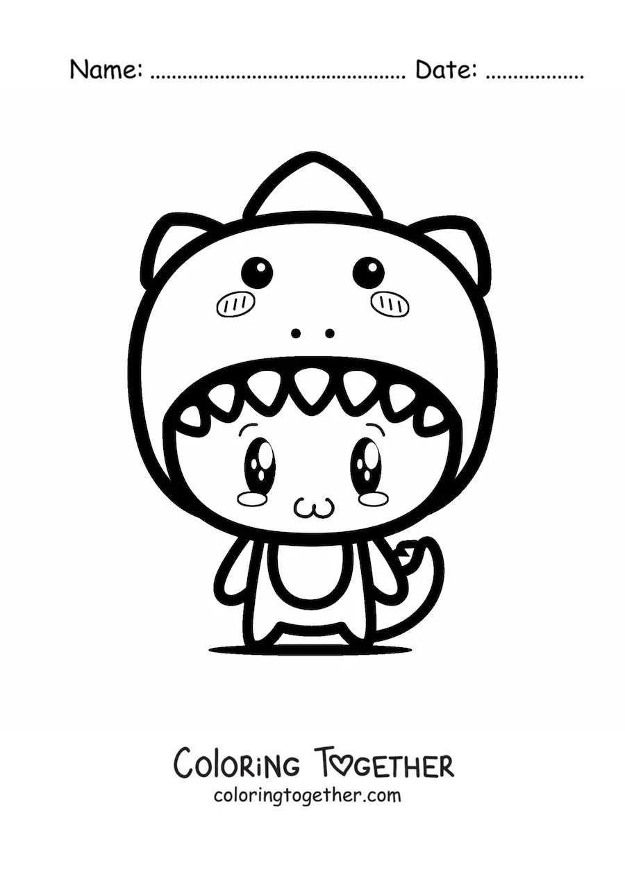 Coloring page of a boy dressed up as a kawaii dinosaur