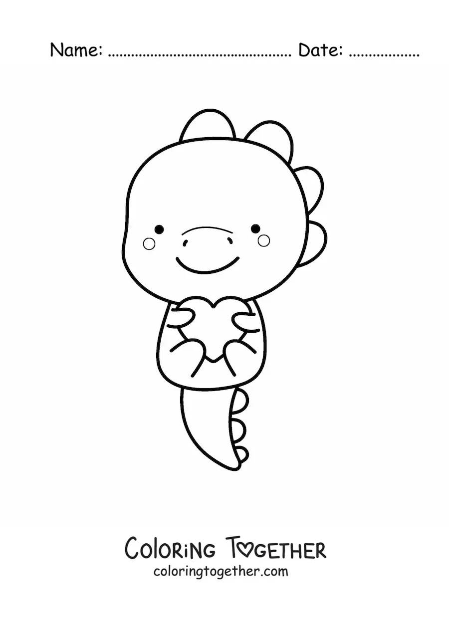 Coloring page of a kawaii tyrannosaurus with a heart