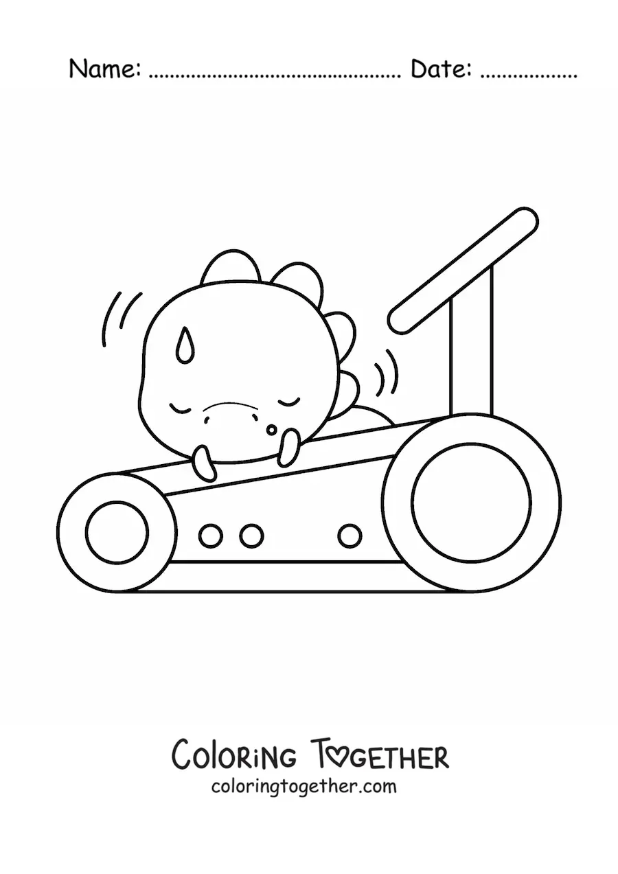 Coloring page of a tired kawaii dinosaur on the treadmill