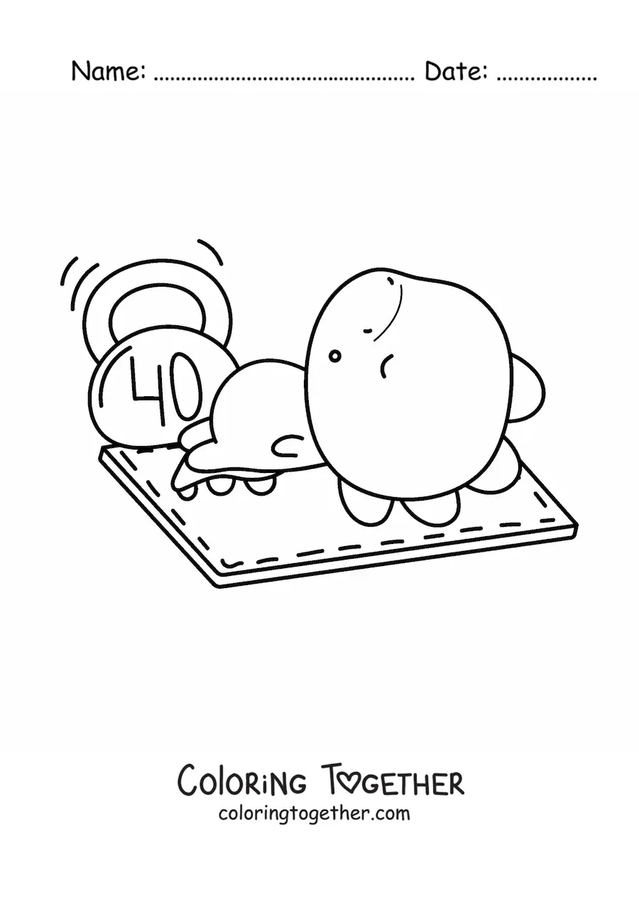 Coloring page of a kawaii dinosaur with a dumbbell at the gym