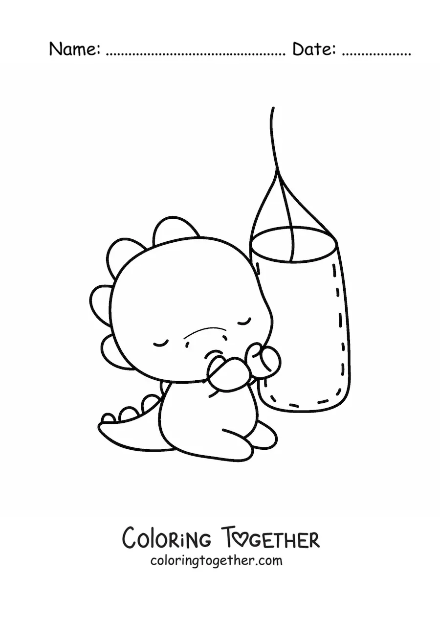 Coloring page of a kawaii dinosaur hitting a punching bag