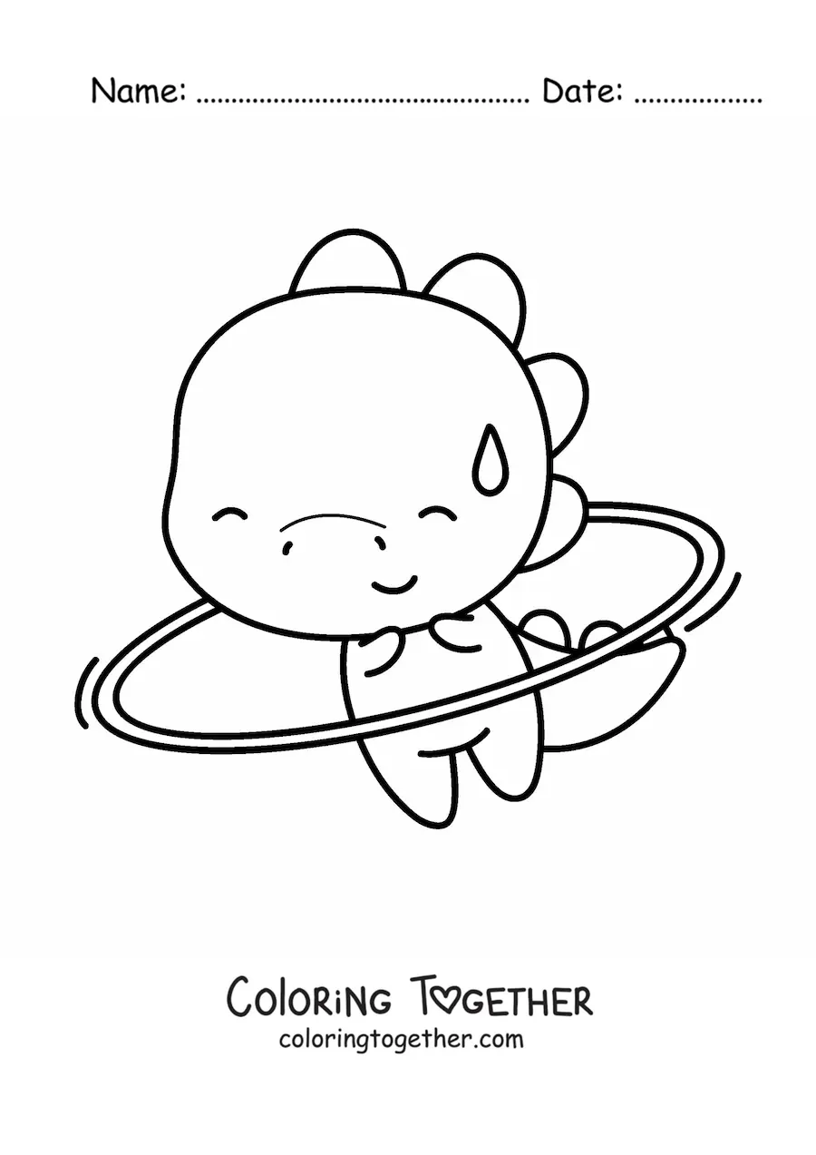 Coloring page of a kawaii dinosaur with a hula hoop