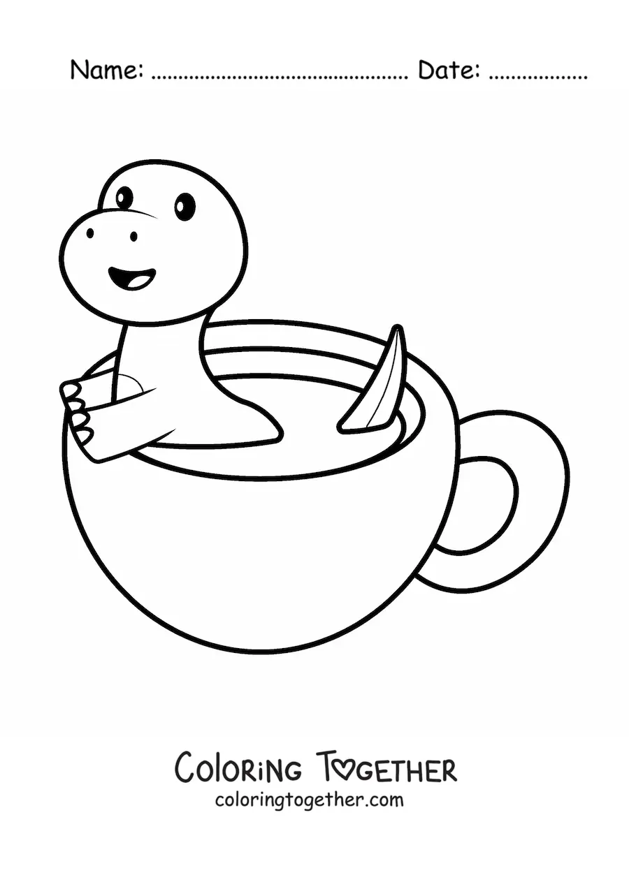 Coloring page of a kawaii dinosaur in a cup