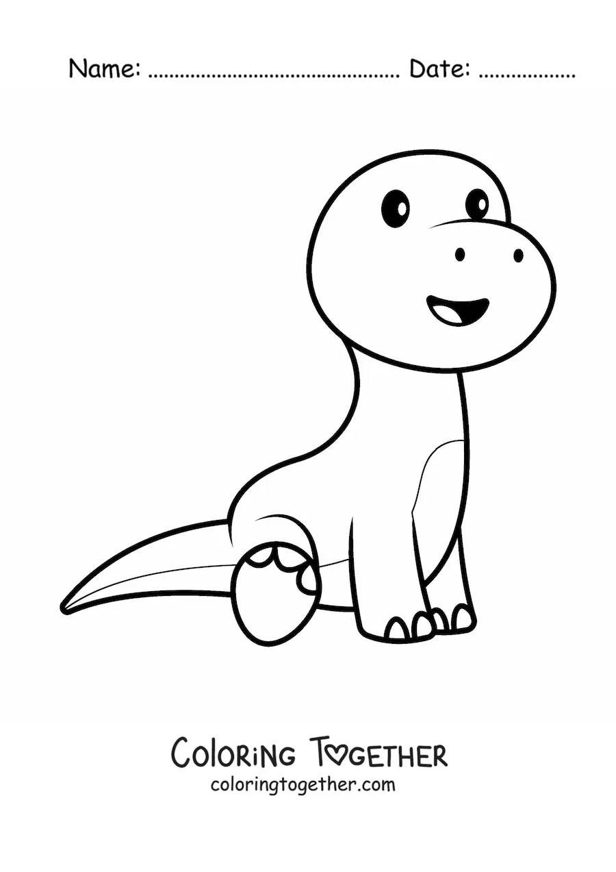 Coloring page of an easy kawaii dinosaur sitting down