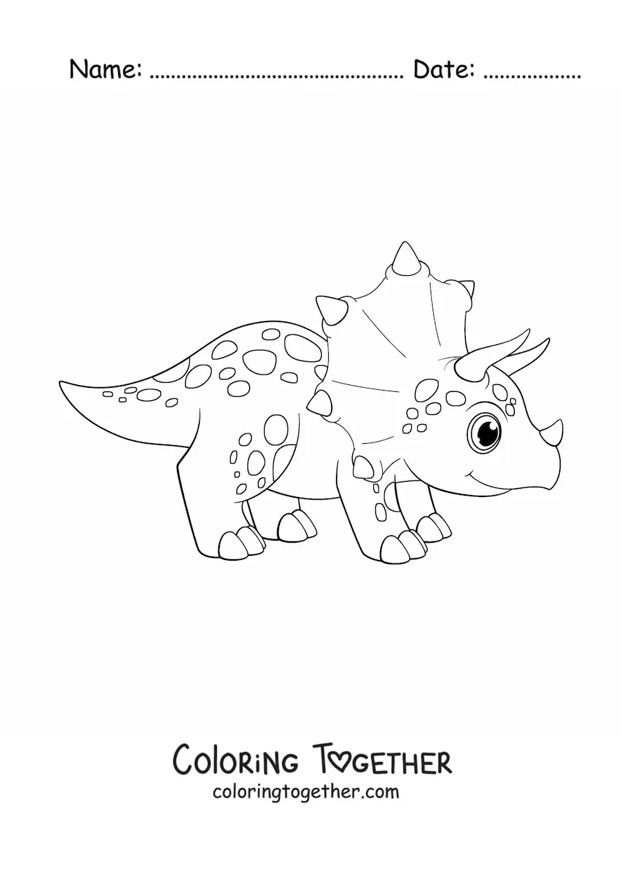 Coloring page of a kawaii triceratops dinosaur with horns