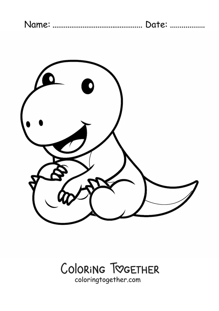 Coloring page of a kawaii dinosaur sitting with an egg
