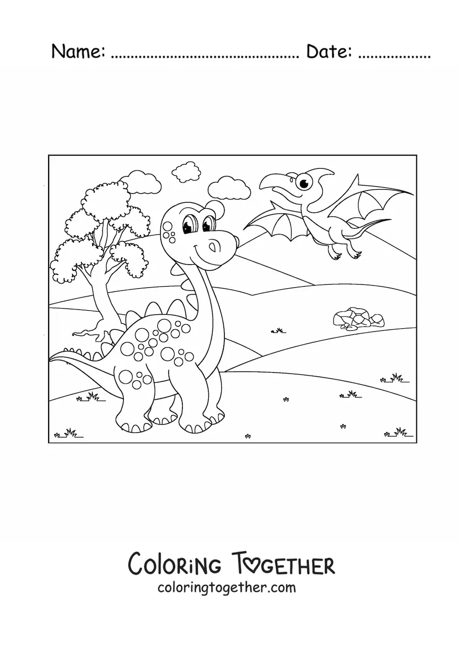 Coloring page of cartoon flying and land dinosaurs