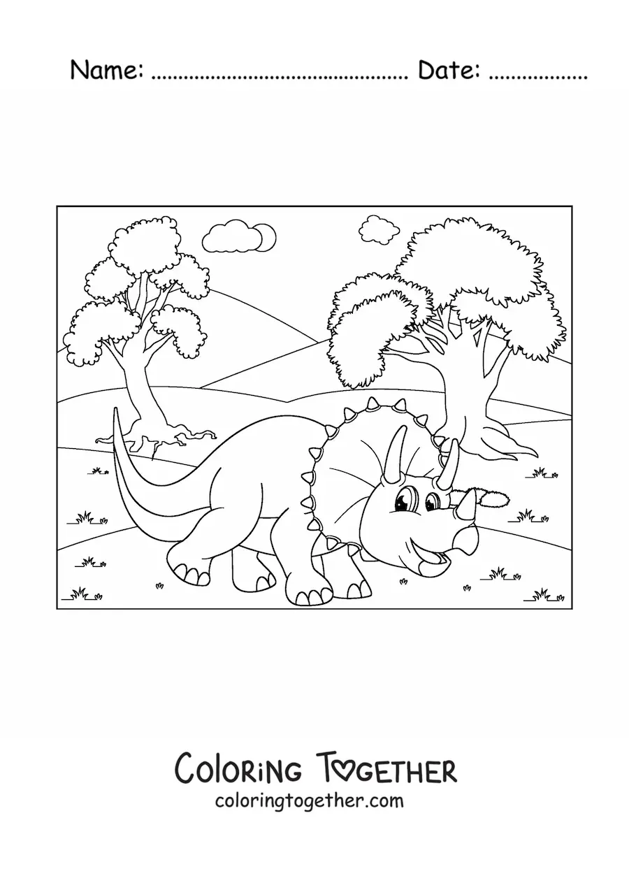 Coloring page of a cartoon dinosaur in its habitat