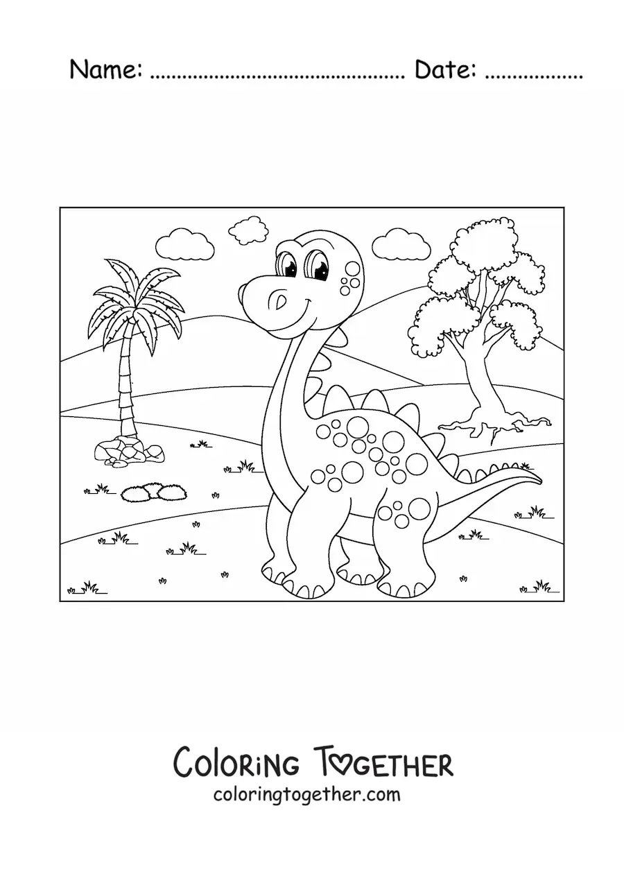 Coloring page of a cartoon long-necked dinosaur in its habitat