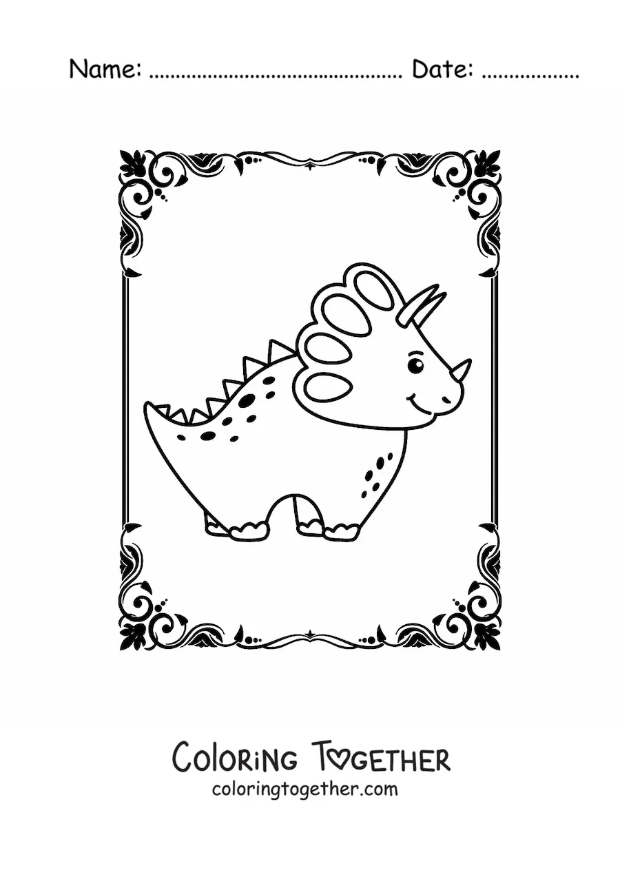 Coloring page of a smiling kawaii triceratops