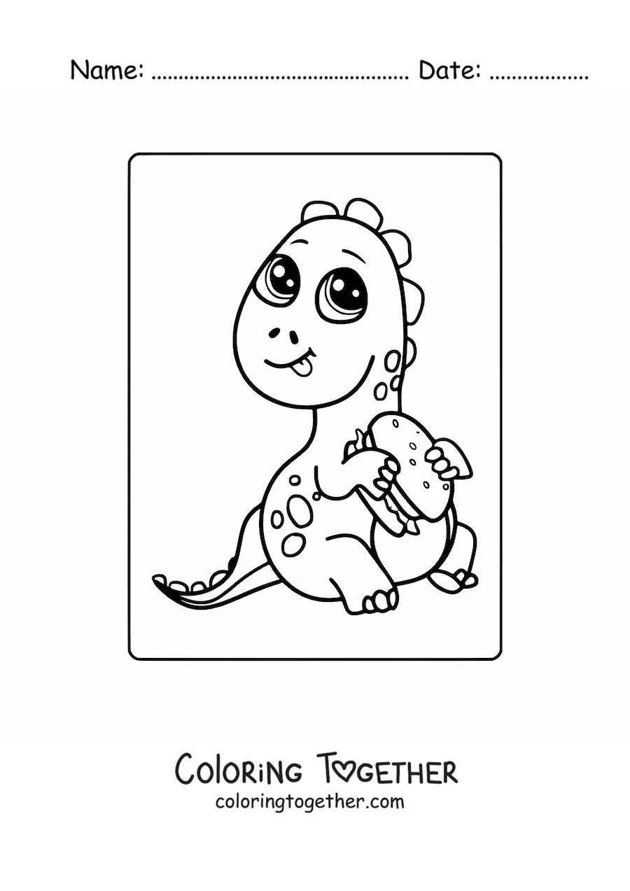 Coloring page of a kawaii baby dinosaur eating a hamburger