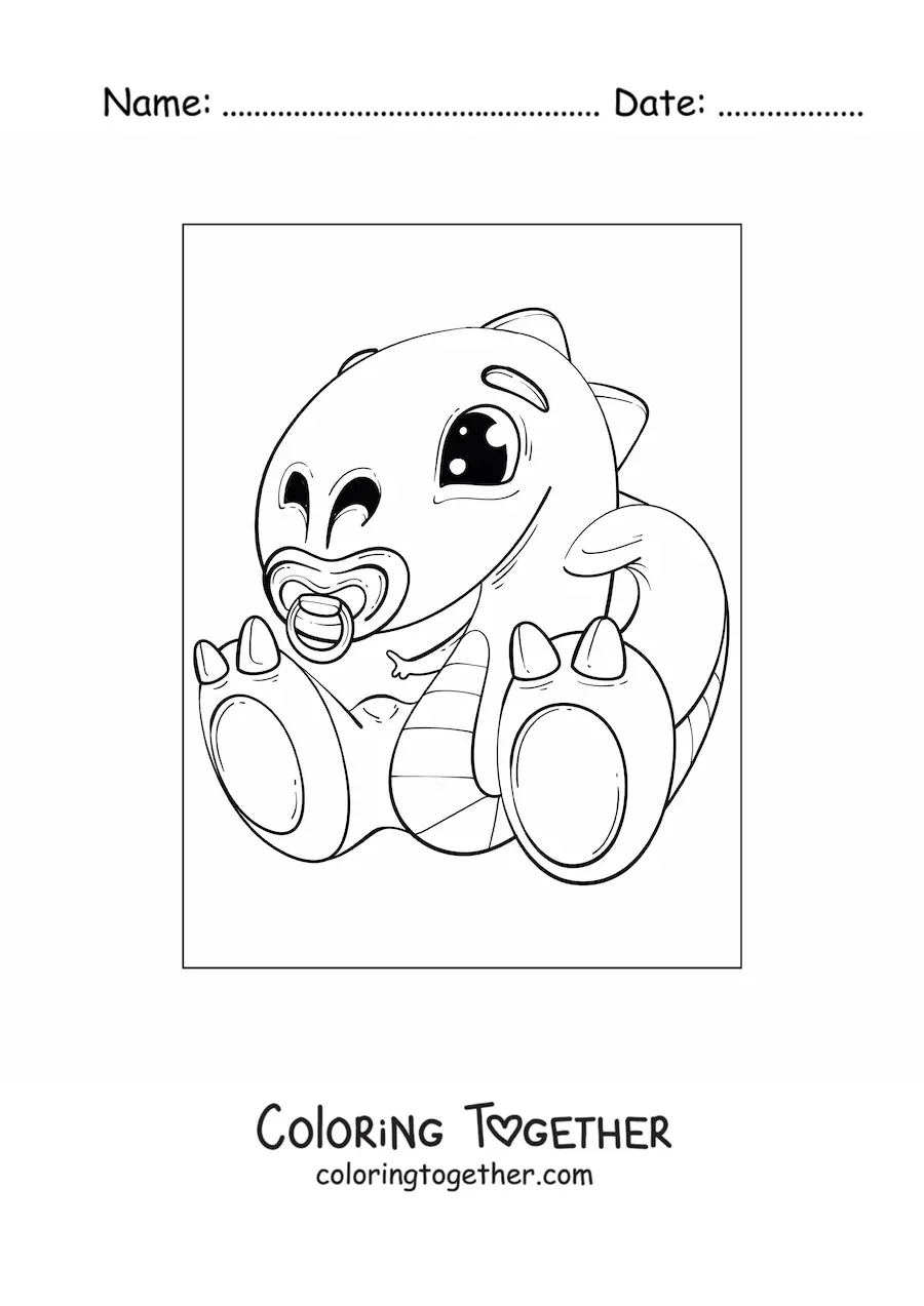 Coloring page of a kawaii baby dinosaur with a pacifier