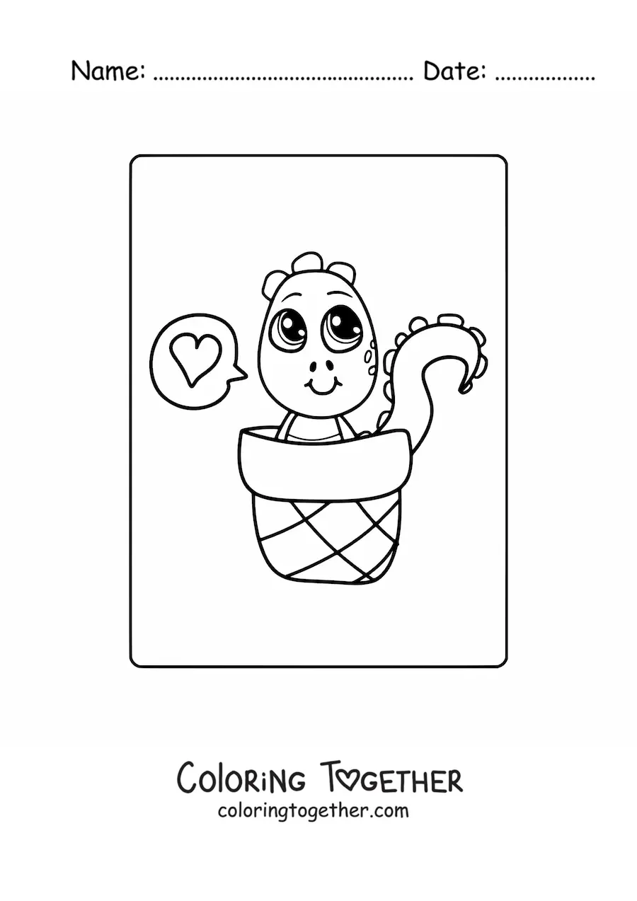 Coloring page of a kawaii baby dinosaur in a basket