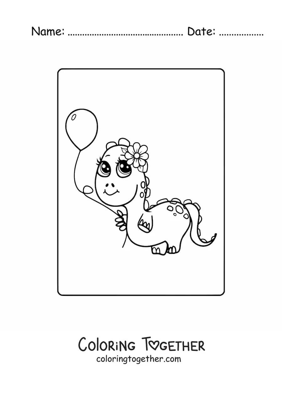 Coloring page of a kawaii baby dinosaur with a balloon