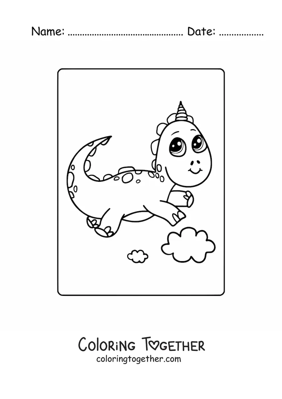 Coloring page of a kawaii baby dinosaur with a unicorn horn