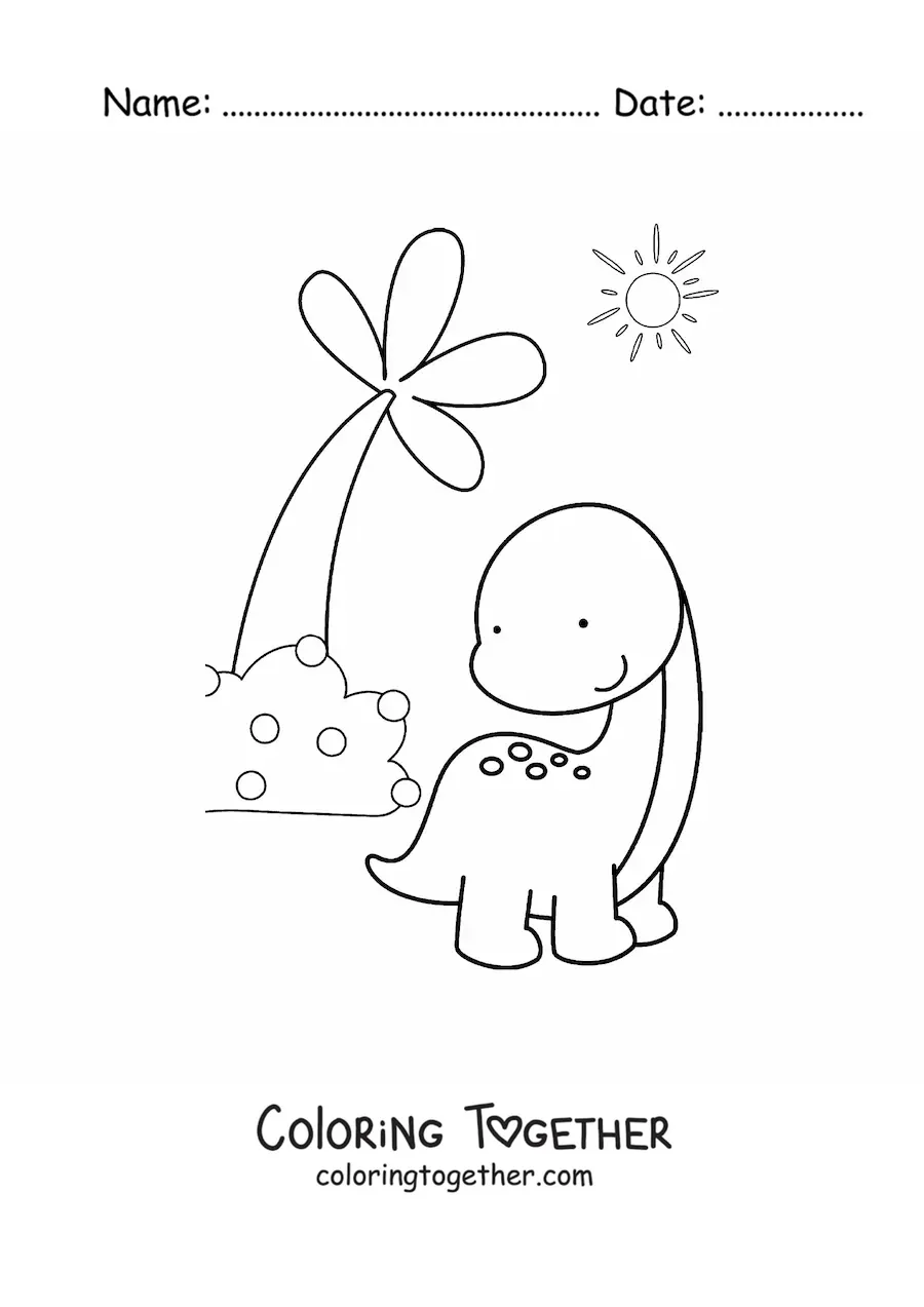 Coloring page of a cute long-necked baby dinosaur in its habitat