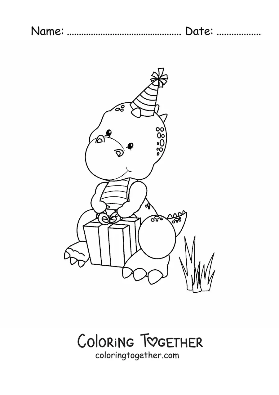 Coloring page of a t rex with a birthday gift