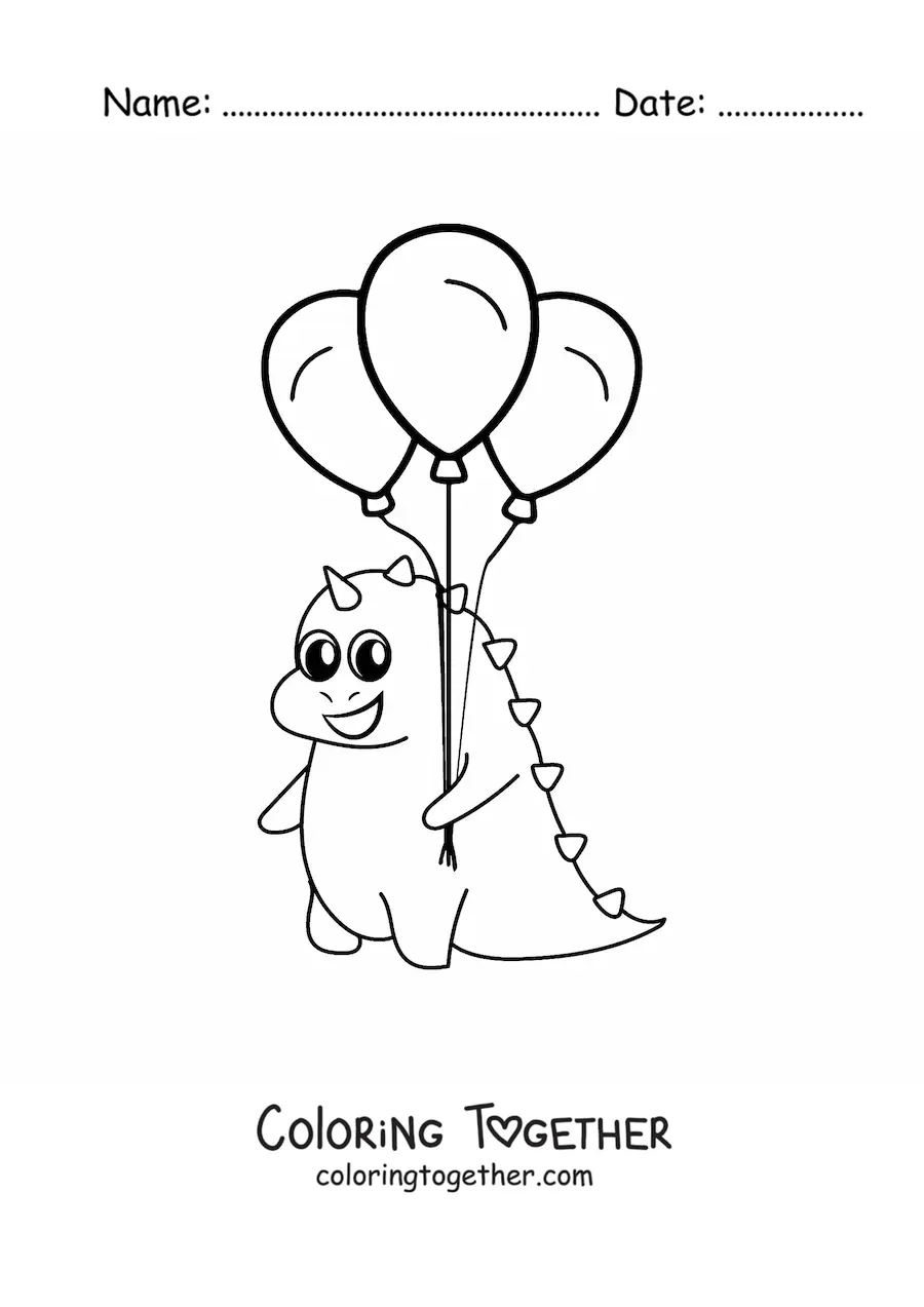 Coloring page of a kawaii baby dinosaur with balloons