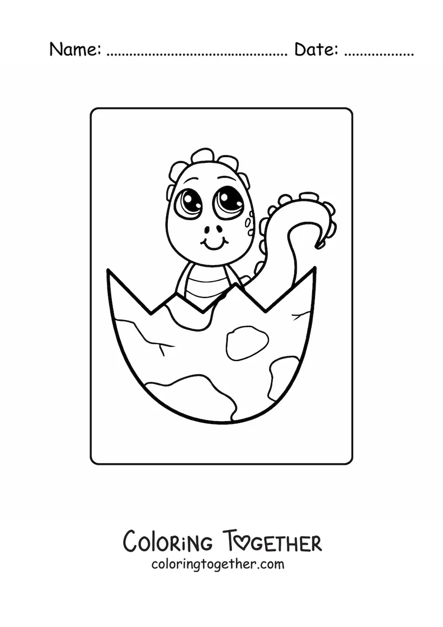 Coloring page of a kawaii baby dinosaur in an egg