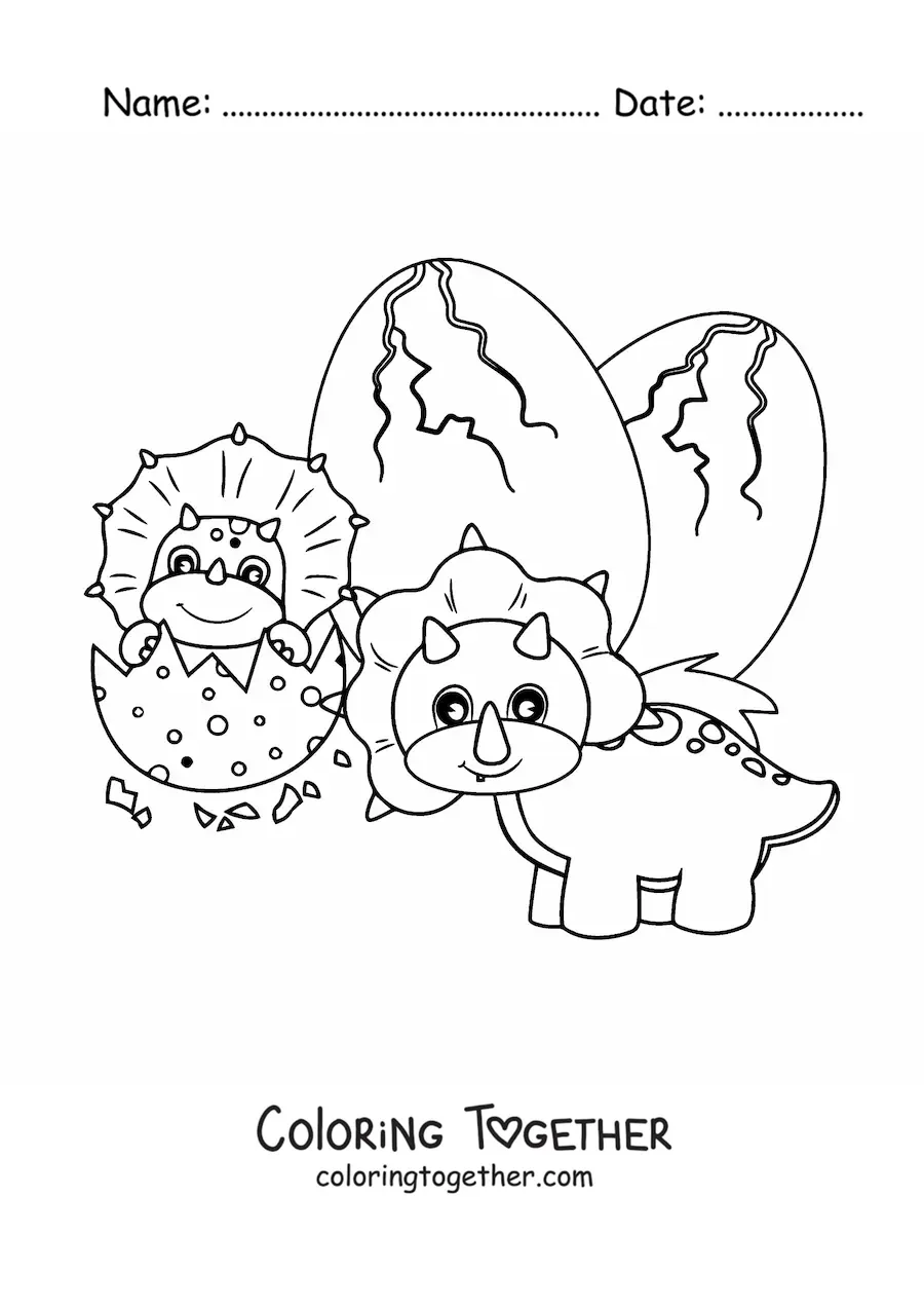 Coloring page of a cartoon triceratops with its baby hatching from the egg