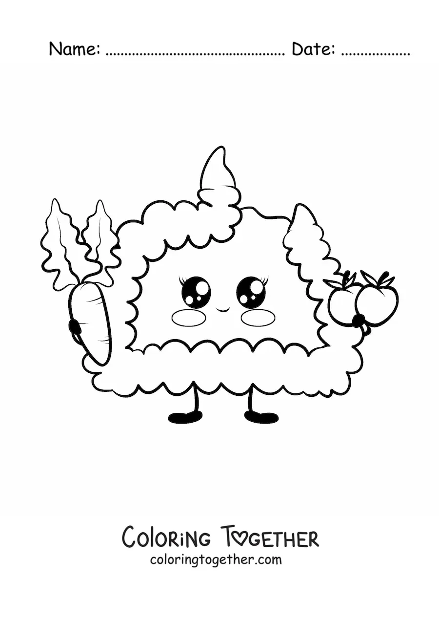 Coloring page of a kawaii cartoon intestine with healthy fruits