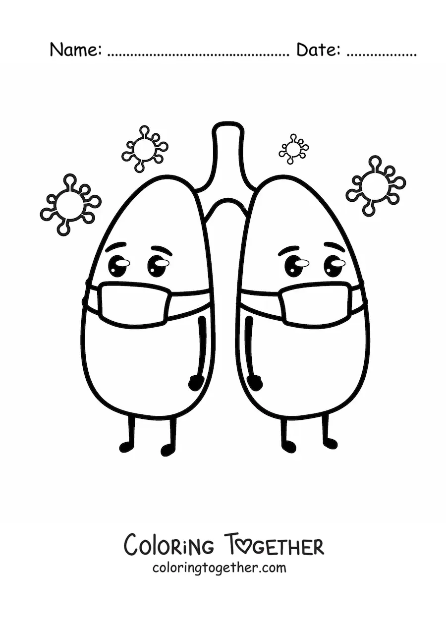 Coloring page of kawaii cartoon lungs with a face mask