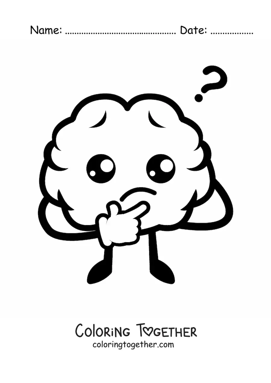 Coloring page of a kawaii brain thinking