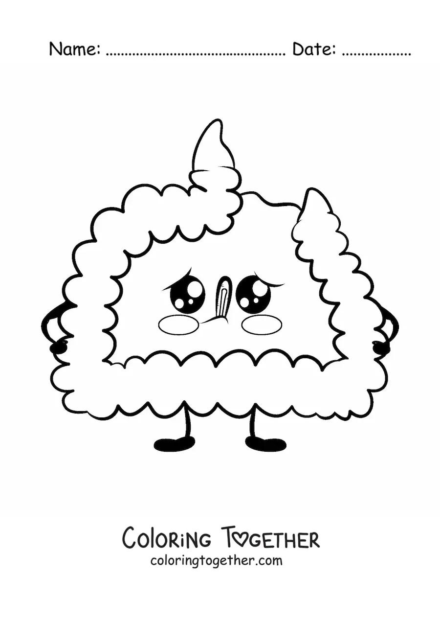 Coloring page of a sick kawaii cartoon intestine
