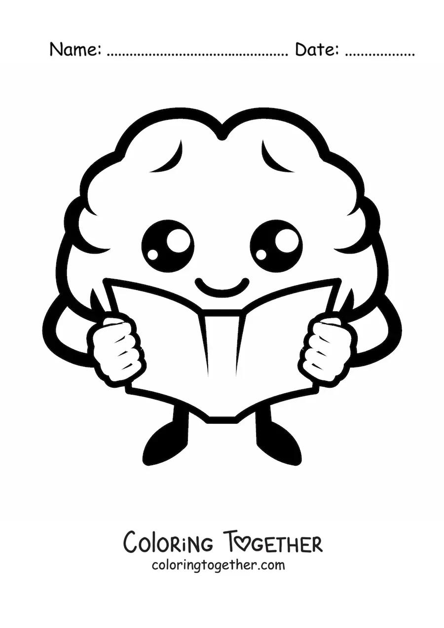 Coloring page of a kawaii cartoon brain reading a book