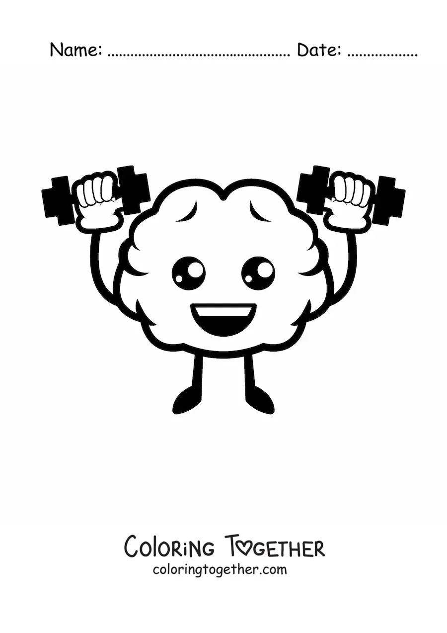 Coloring page of a kawaii cartoon brain doing exercises