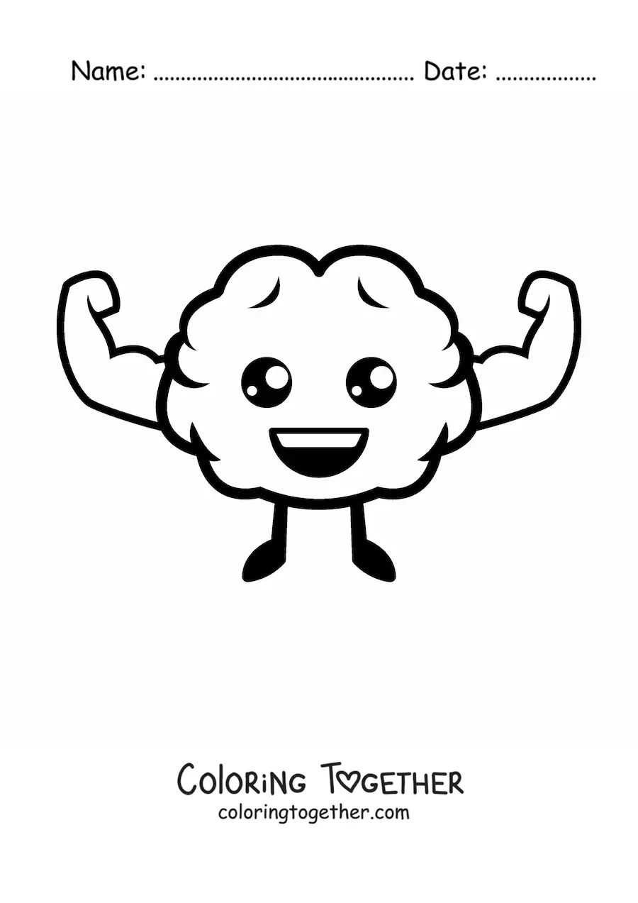 Coloring page of a strong kawaii cartoon brain