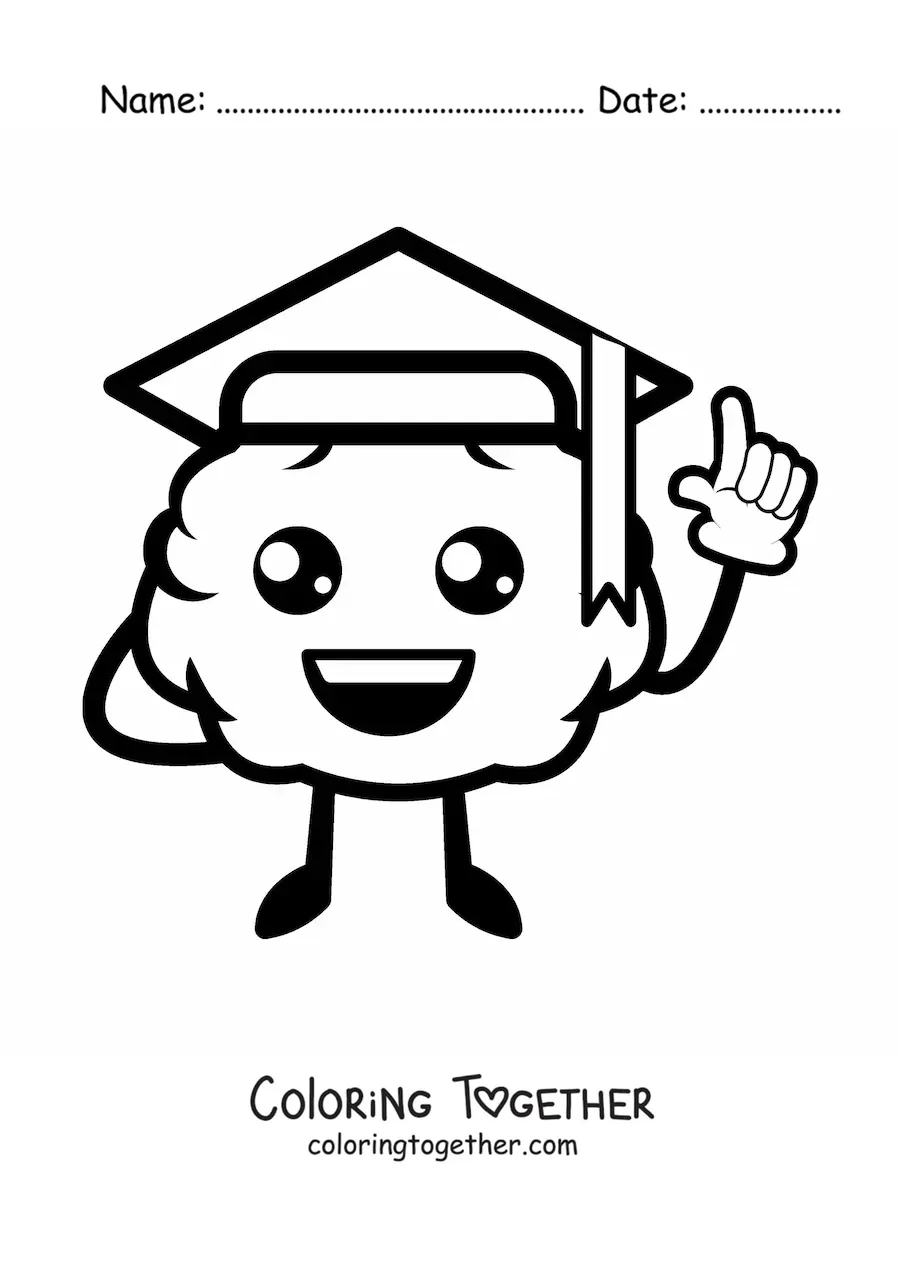 Coloring page of a kawaii cartoon brain with a graduation cap