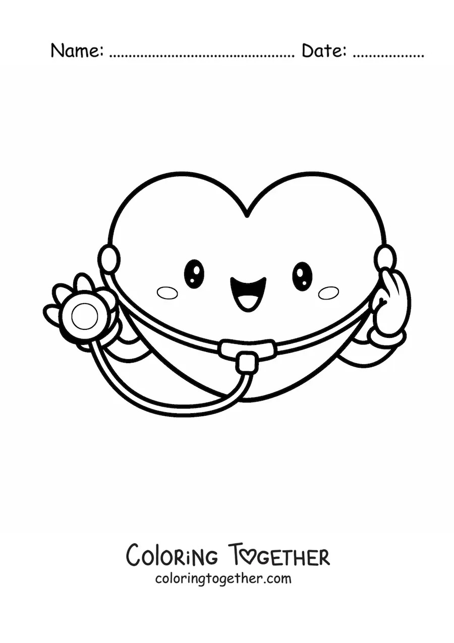 Coloring page of a cute cartoon heart with a stethoscope