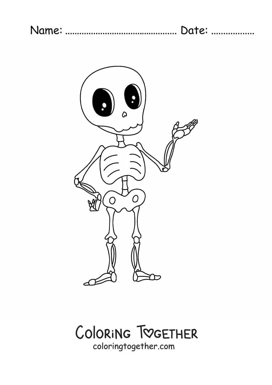 Coloring page of a kawaii cartoon skeleton