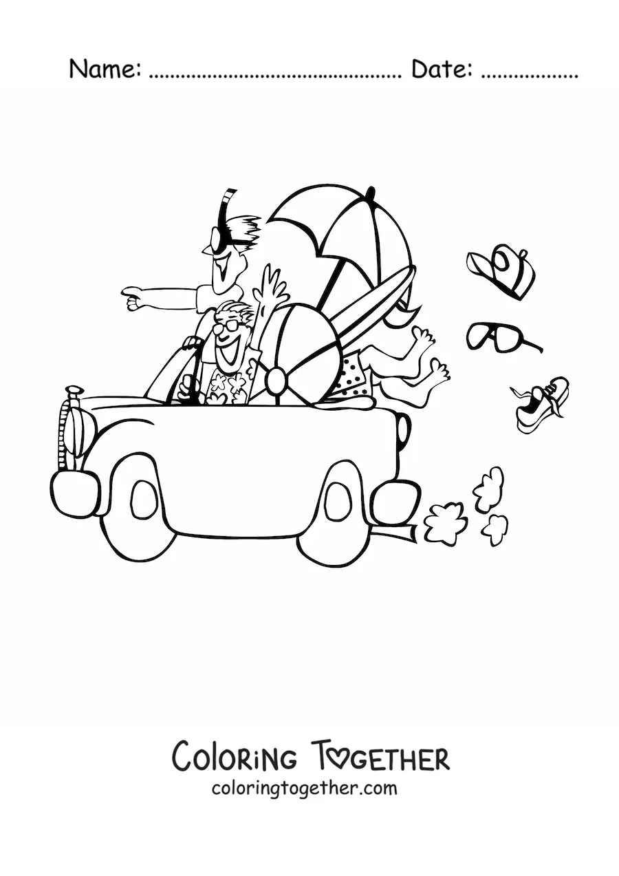 Coloring page of young people in a car on their way to the beach