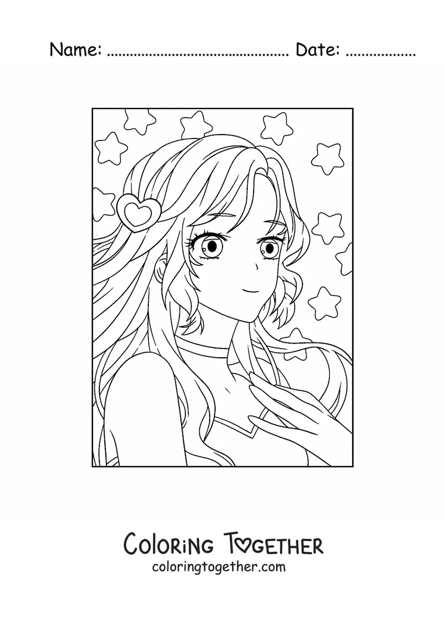 Coloring page of a kawaii anime girl face with big eyes