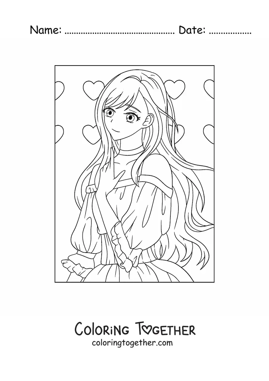 Coloring page of a kawaii anime girl with hearts