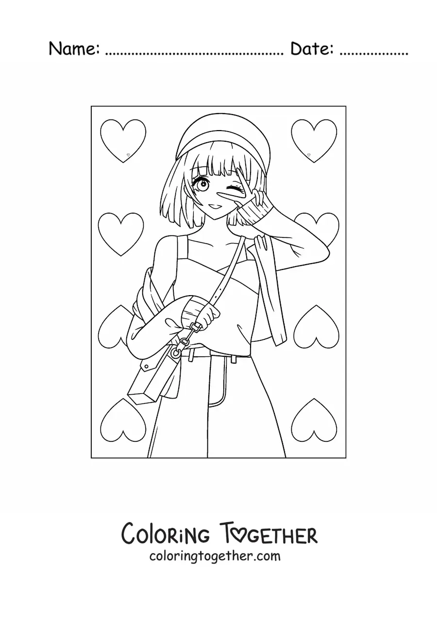 Coloring page of a cute anime girl with hearts