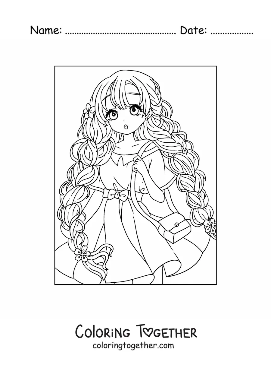 Coloring page of a beautiful anime girl with braided hair
